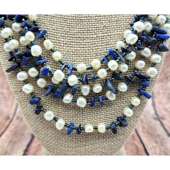 GCM Gerald C. Miller Faux Pearl Blue Chip Stone Multi Strand Collar Necklace 21" - Picture 3 of 9